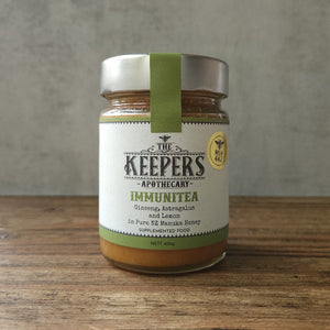 jar of Immunitea, a Keepers Apothecary honey blend, 442 MGO NZ Manuka Honey with ginseng, astagalus and lemon