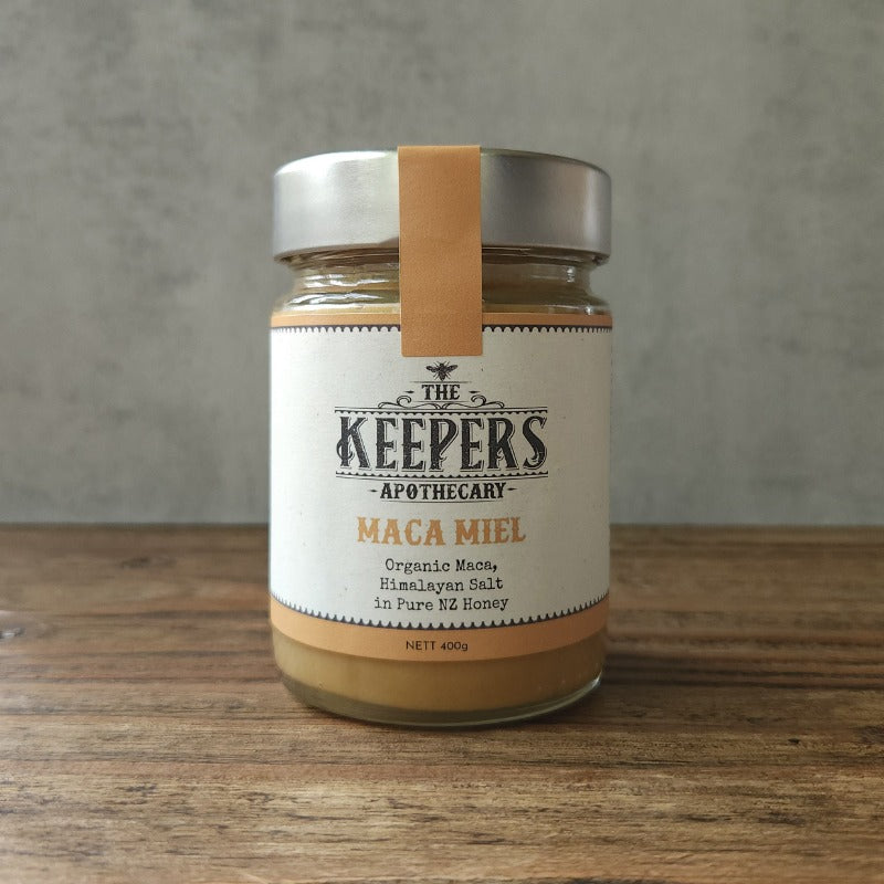 Jar of Maca Miel, Keepers Apothecary Honey Blend combining organic peruvian maca, himalayan salt and pure NZ honey