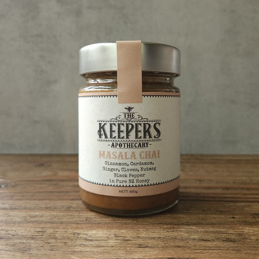 Jar of Masala Chai, a Keepers Apothecary honey blend combining traditional Indian spices with Pure NZ Honey for a spicy sweet blend