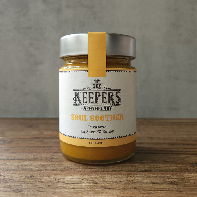 Jar of Soul Soother, a Keepers Apothecary honey blend combining turmeric and organic coconut oil with NZ honey